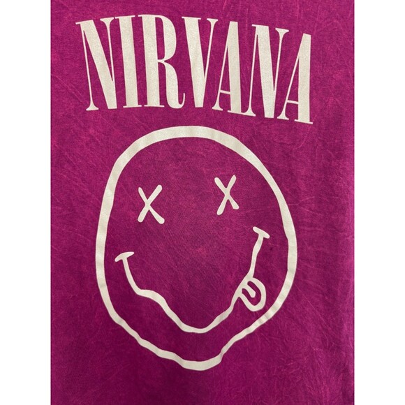 Nirvana Small Smiley Face T-Shirt Red Mineral Wash Cotton Short Sleeve Band NWOT - Picture 2 of 7